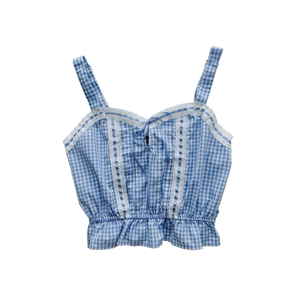 Blue Gingham Lace Top Womens Small Cottagecore Romantic Prairie Feminine Coastal